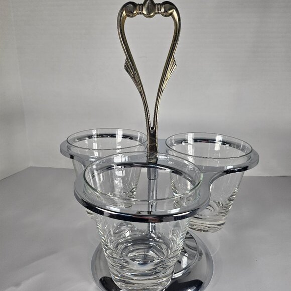 Vintage MCM, Kromex, Triple Condiment Caddy, Lazy Susan Chrome Glass Brass - Picture 1 of 11